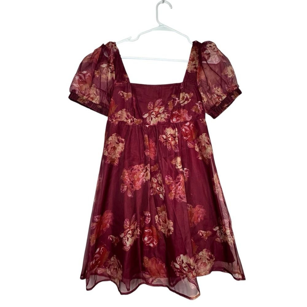 NWT! Red Maroon Wild Fable Sheer Floral Puff Sleeve  Dress ‎ Size XS